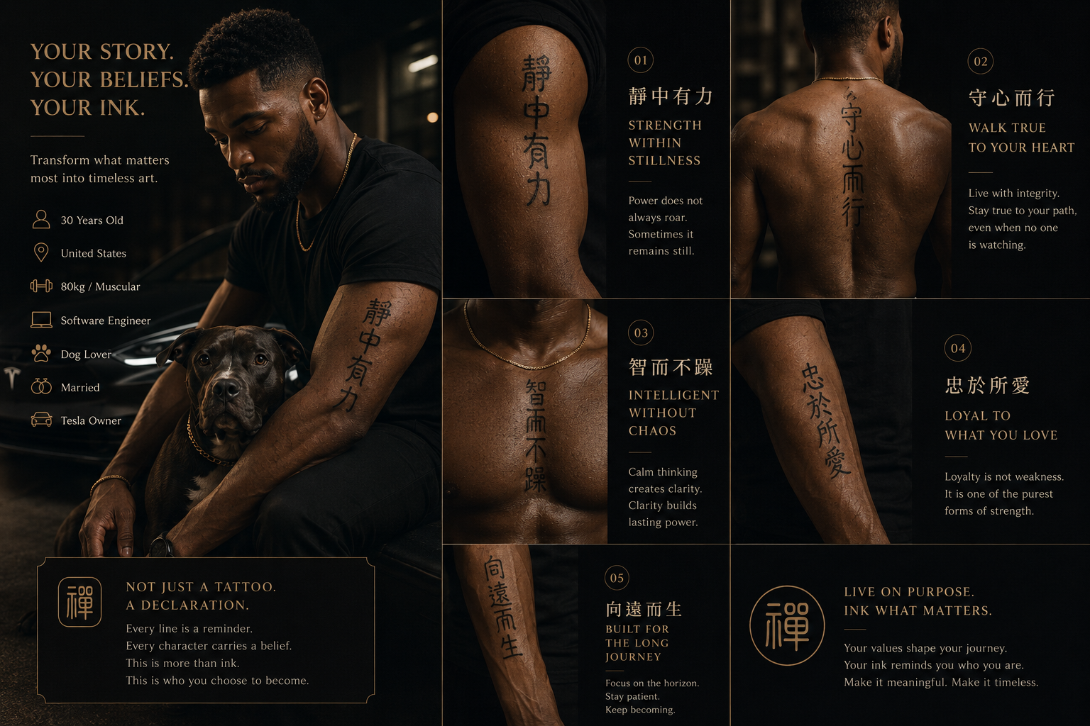 Luxury campaign preview — masculine multi-placement tattoo poster